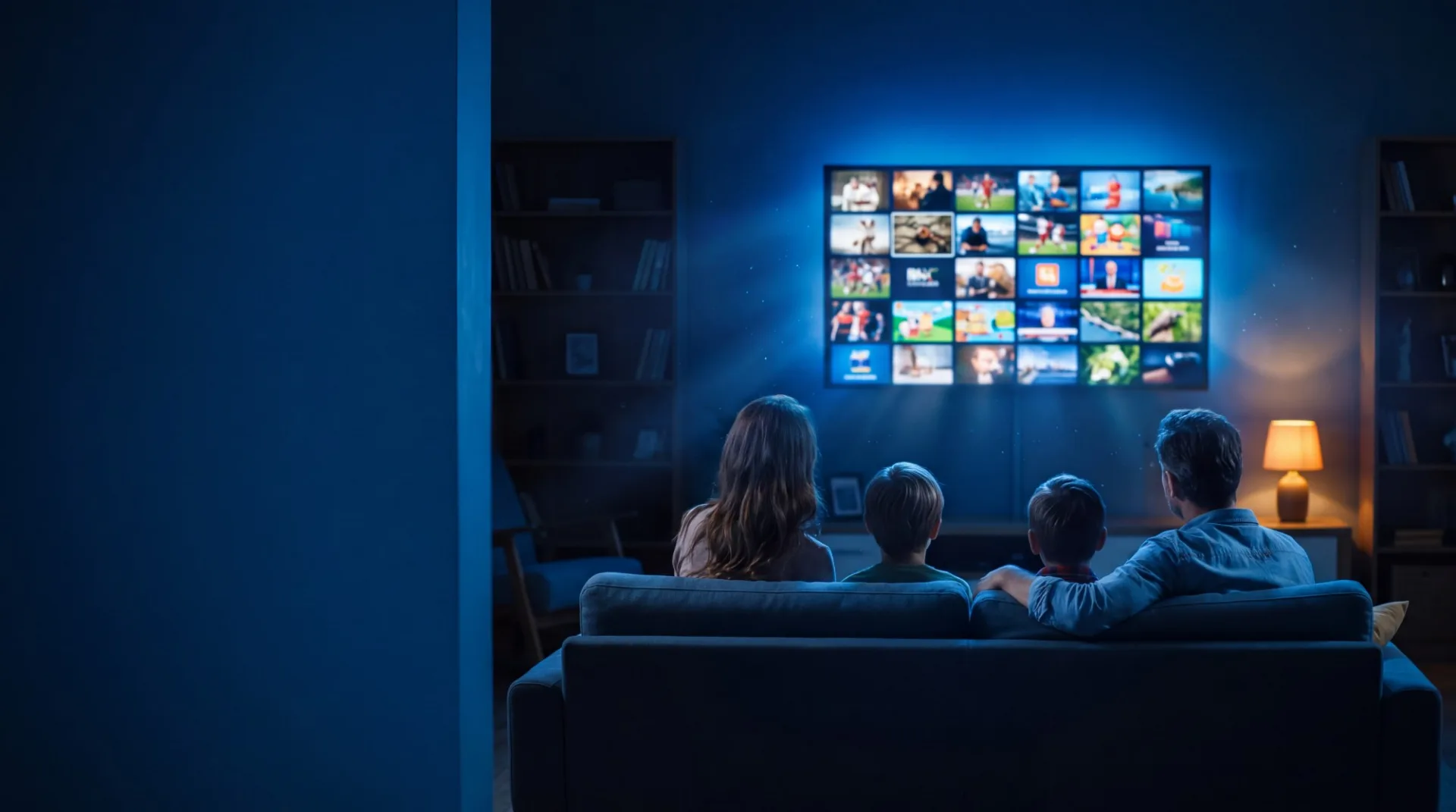Familia en el sillón mirando la TV digital de Cable 10 con el mosaico de canales en pantalla