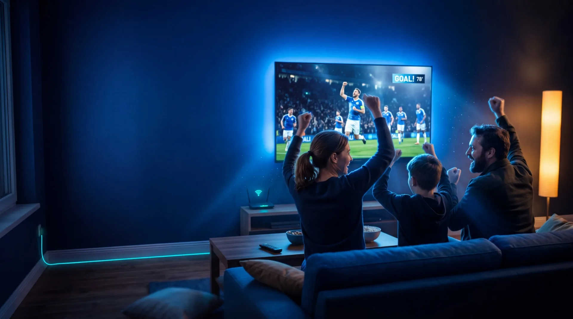 Familia festejando un gol frente a la TV con el Nuevo Combo Hogar de Cable 10 en Rio Gallegos