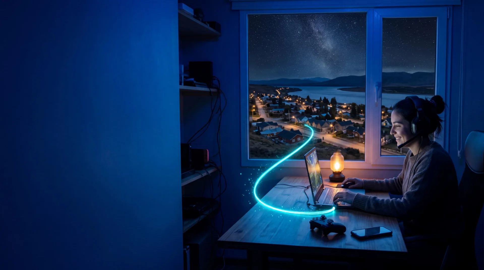 Joven en su escritorio con internet de fibra optica de Cable 10, con la ria de Rio Gallegos de noche por la ventana