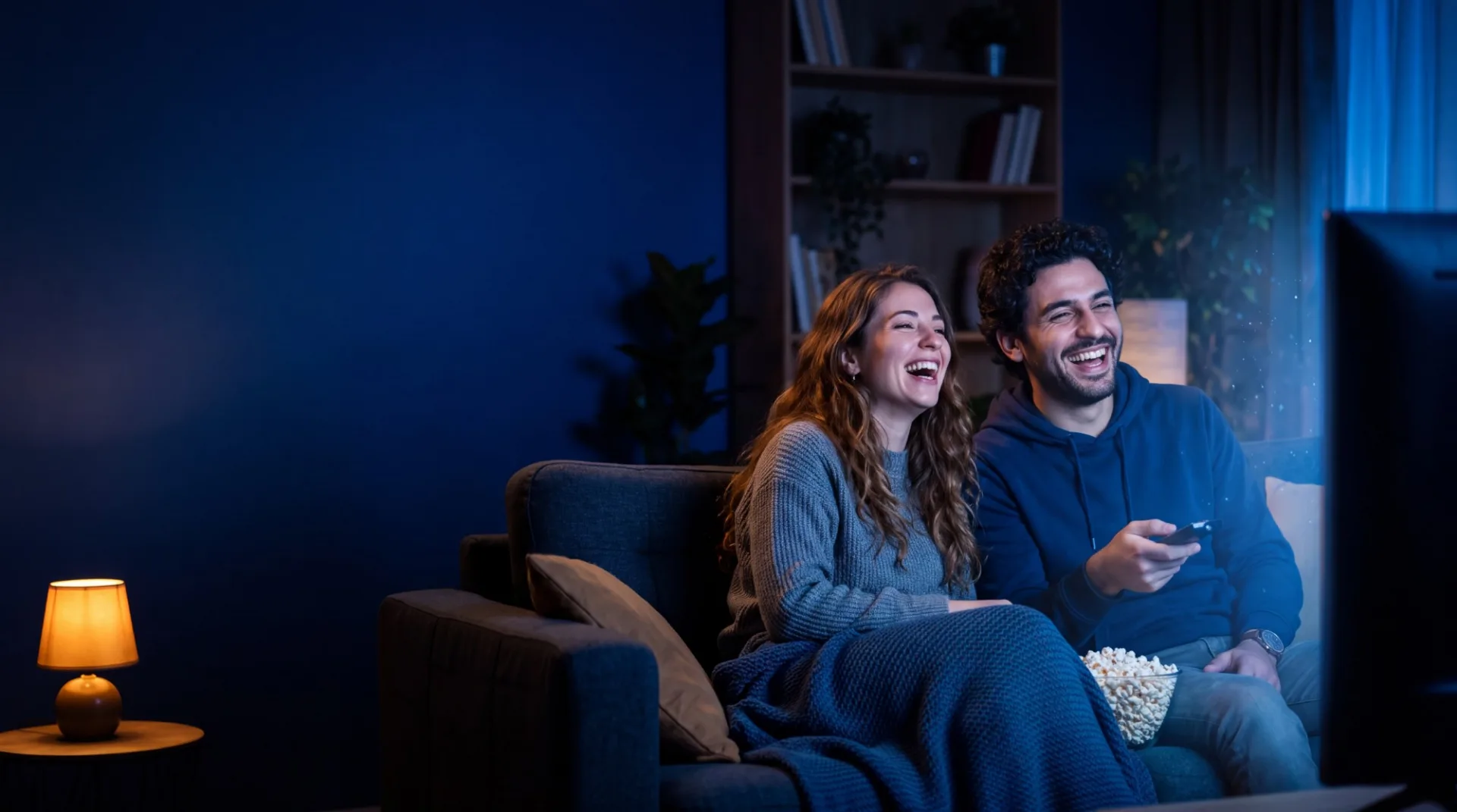 Pareja riendose en el sillon mientras mira TV por cable de Cable 10